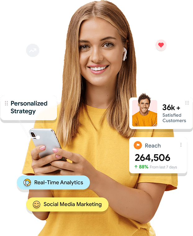 A smiling woman holding a smartphone, surrounded by marketing metrics such as 'Personalized Strategy,' 'Real-Time Analytics,' 'Social Media Marketing,' 36k+ satisfied customers, and a reach of 264,506 with 32.88% growth.